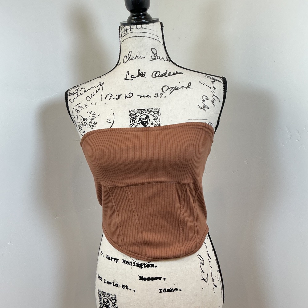 PINK Victoria's Secret Tube Top sz S Brown Excellent Ribbed Corset Hem Strapless